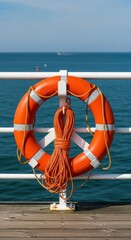 Fototapeta premium Orange lifebuoy with rope on pier railing overlooking calm ocean and blue sky on a sunny day