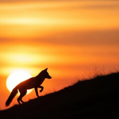 Stunning dark silhouette of a wild red fox standing alertly on a hillcrest during the vivid colors of a beautiful golden sunset, hill, alert, nature
