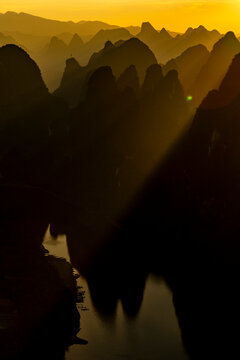 Golden Sunrise Over Karst Peaks and Li River, Yangshuo China