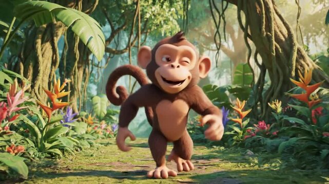 Cute cartoon monkey running in a vibrant tropical jungle