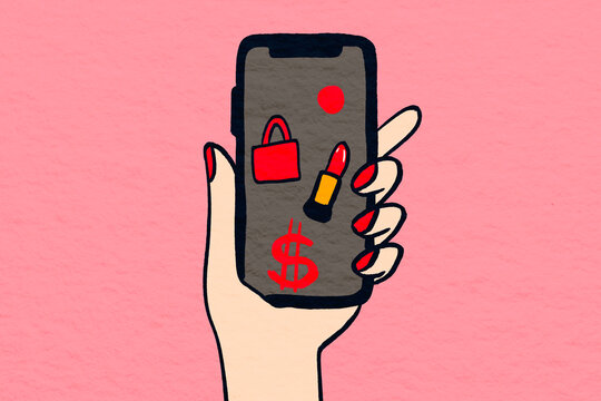 Shopping on mobile phone with bag and lipstick icons