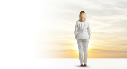 Obraz premium Businesswoman standing on horizon at sunset in professional attire 