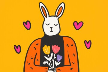 Adorable bunny holding colorful flowers with loving hearts