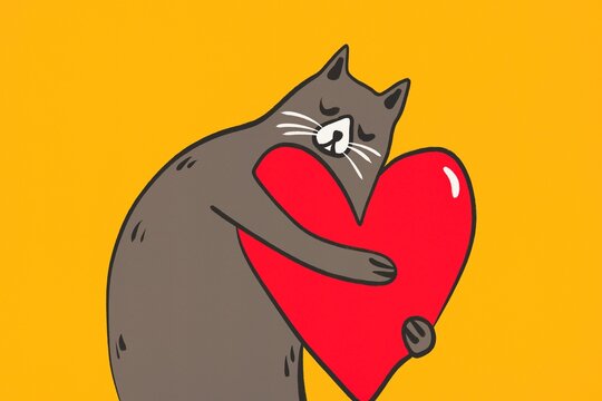 Cute cat hugging heart in playful art style