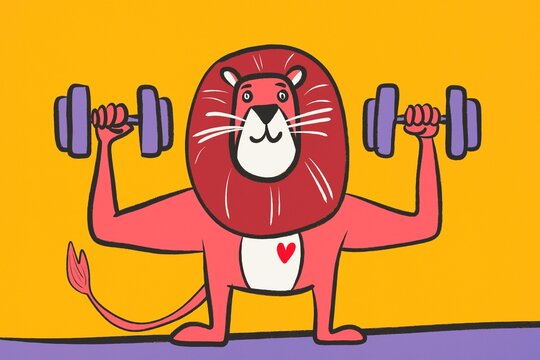 Cute lion lifting weights in playful illustration