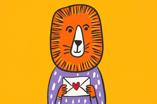 Lion holding a love letter in colorful playful art