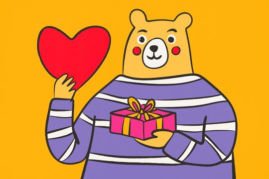 Cute bear with heart and gift illustration