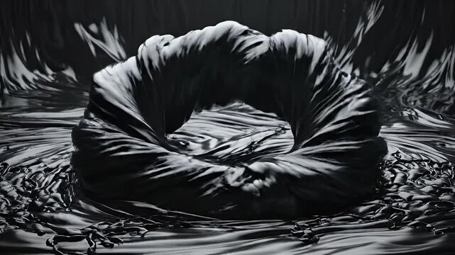A dark, amorphous form with swirling lines dominates a reflective surface. Abstract and fluid
