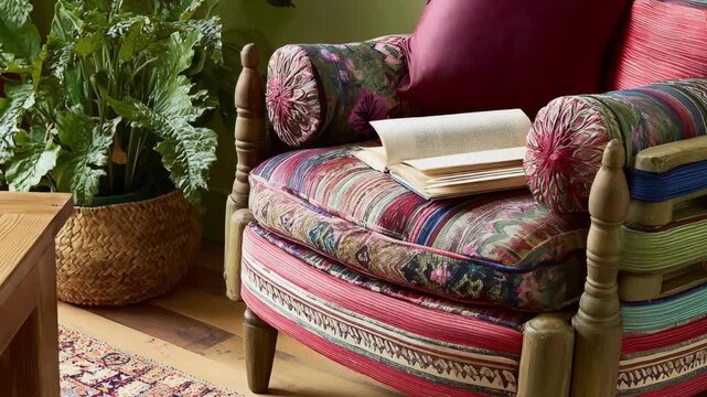 Bohemianinspired retro chair with colorful woven patterns and soft cushions capturing a relaxed artistic vibe in a cozy indoor space.
