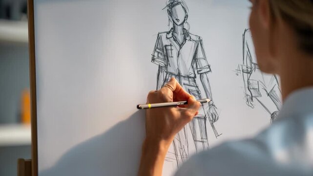 Medium shot of a designer sketching a modern medical uniform focusing on clean lines and functional details for healthcare professionals