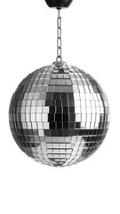 Fototapeta premium Shiny disco ball hangs from a chain, made of small mirrors, against a white background