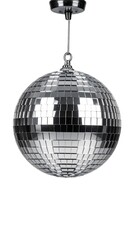 Shiny disco ball with small, reflective square tiles hanging from the ceiling on white