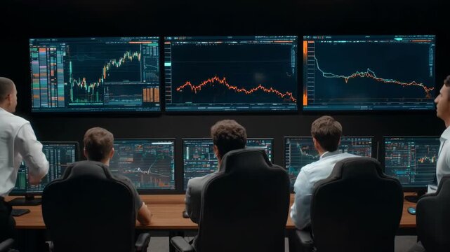 Medium shot of a team in a corporate office reviewing blockchain data emphasizing secure funding transfers within private sector enterprises.