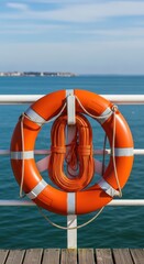 Fototapeta premium Orange lifebuoy with rope on pier rail overlooking calm blue sea and clear sky on a sunny day