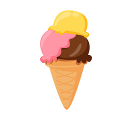 Triple ice cream cone vanilla, strawberry, chocolate, vector isolated on white. Tasty ice cream illustration. Sweets