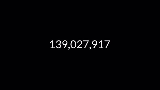 Number counter animation from 0 to 250,000,000 on black background, Animated number counter from zero to twenty crore in 4k ,counting number digit with alpha channel.