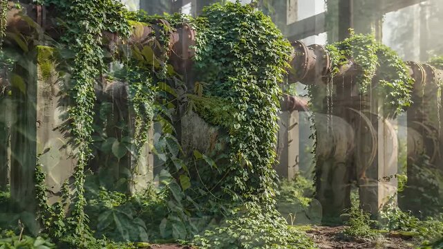 Overgrown rusty pipes with moss and vines in a serene forest setting