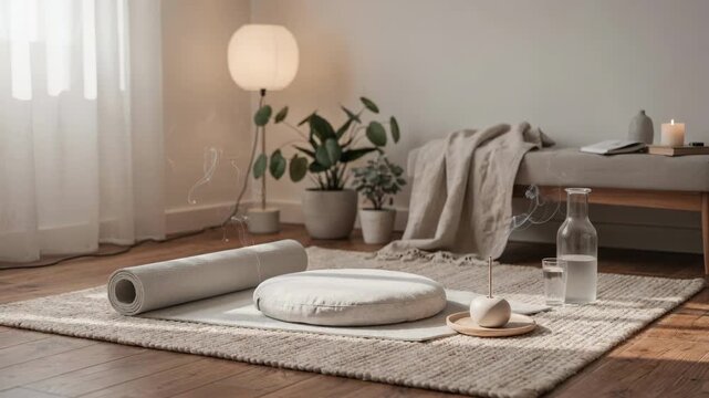 Serene wellness corner with a yoga mat and meditation cushion focusing on soothing textures and colors that encourage mental clarity and decompression.