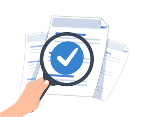 Document evaluation inspect 3D vector illustration. Contract agreement audit. Assessment survey evaluation check. Doc