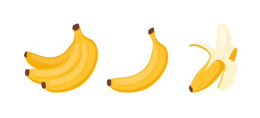 Yellow banana fruits. Whole and peeled bananas icon. Organic tropical fruit for juice, smoothie or healthy food. Vector