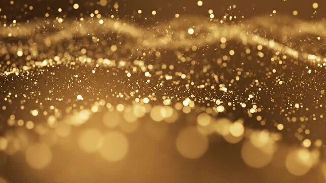 Gold dust sparkles and dances through the air in slow motion during a bright light display
