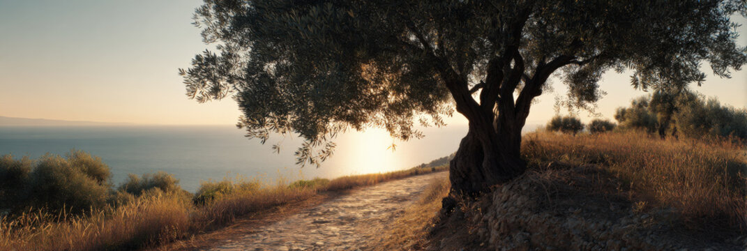 Serene coastal path at sunset with majestic olive tree overlooking the sea