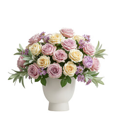 Obraz premium Elegant bouquet of pink and white roses in a classic white vase arrangement isolated on white background