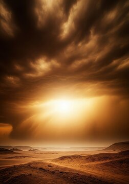 Intense atmospheric dust storm obscuring the sun over a barren, desolate desert landscape. Heavy ochre and brown clouds swirl above, desolate, yellow, desert