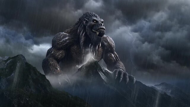 Giant Mythical Beast Emerging Over Stormy Mountain Landscape
