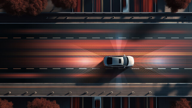 illustration of autonomous car from above showing sensor scanning