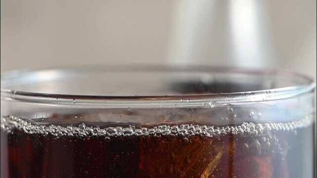 Crystal clear tall glass filled with ice-cold Coca-Cola, overflowing with perfectly shaped ice cubes. Condensation drips down the outer surface of the glass. The dark cola glows under warm ambient lig
