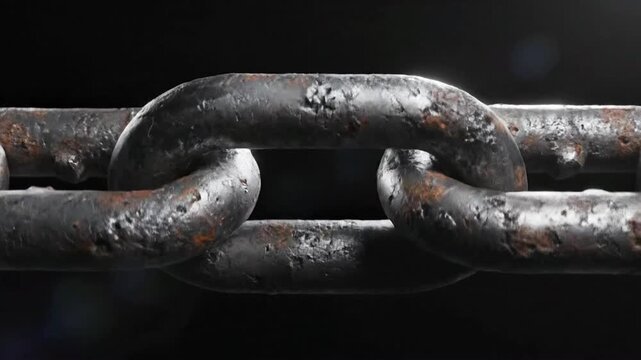Chain link close up shows texture and details of iron material and rust in a dark setting