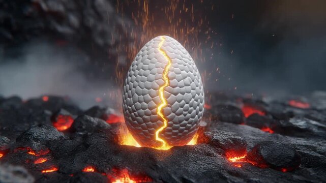 Glowing volcanic egg on lava rocks cinematic 3d fantasy hatching