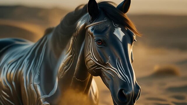 Glossy Black Horse Head with Ornate Metallic Pattern in Desert Sunset