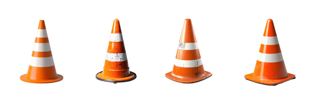 Set of four orange traffic cones, some weathered, isolated on white background isolated on transparent background