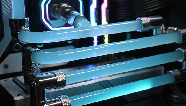 Custom gaming PC hardline liquid cooling system with pastel blue coolant
