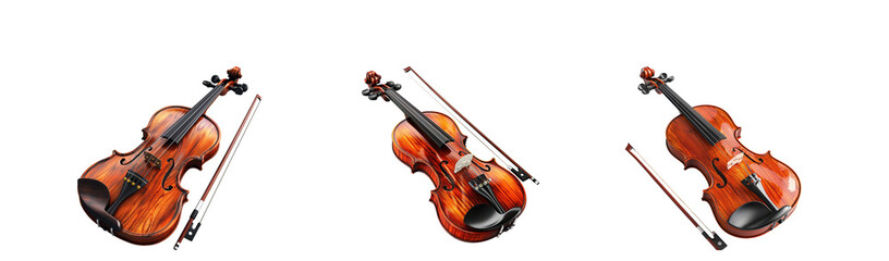Fototapeta premium Three classic wooden violins with bows, angled for display, isolated on white isolated on transparent background