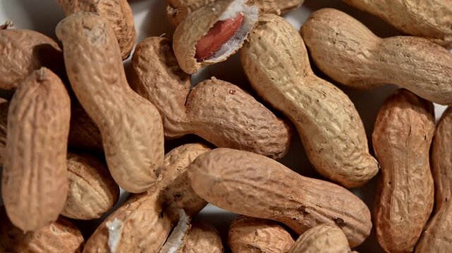 Overhead shot of several whole peanuts in their textured, earthy shells spinning and rotating on a sunlit wooden surface. The natural, gentle motion highlights the organic forms and rustic texture of 