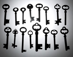 Silhouetted keys of various sizes and styles against a graduated white backdrop
