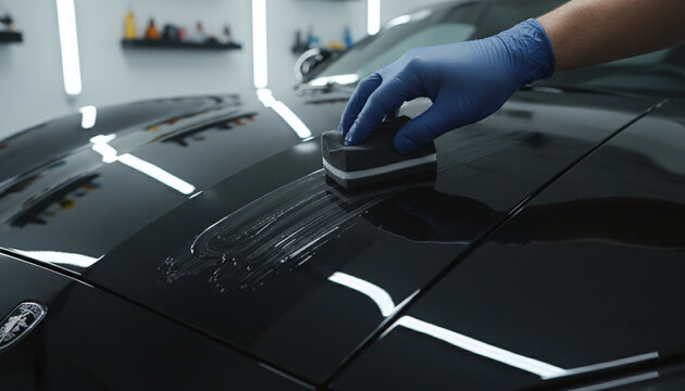 Applying ceramic coating liquid glass on black luxury car hood detail