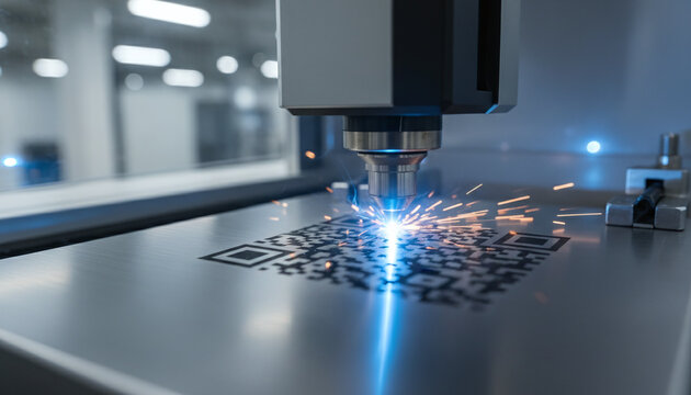 Fiber laser engraving machine marking QR code on steel surface