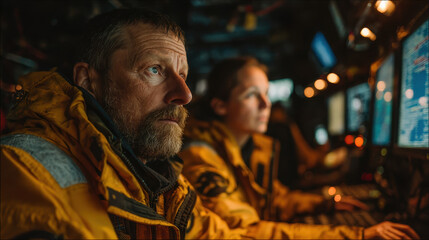 Obraz premium Focused middle-aged man with beard wearing yellow waterproof jacket inside dimly lit control room looking intently at computer screens while a woman works in the background