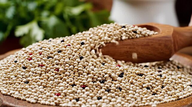 Close-up of tri-color quinoa seeds being scooped from a wooden bowl, healthy food concept