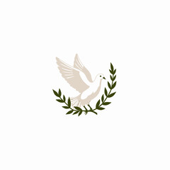 Fototapeta premium Graceful white dove gracefully soaring with olive branch symbolizing peace harmony and hope in minimalist art style on a pristine white background