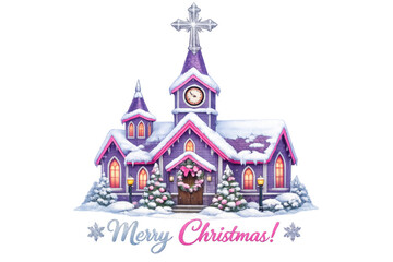 Fototapeta premium Purple church celebrating christmas, snow covering roof and trees, a festive wreath on door, transparent background