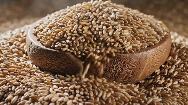 Close-up of whole grains pouring into a wooden bowl, surrounded by more grains