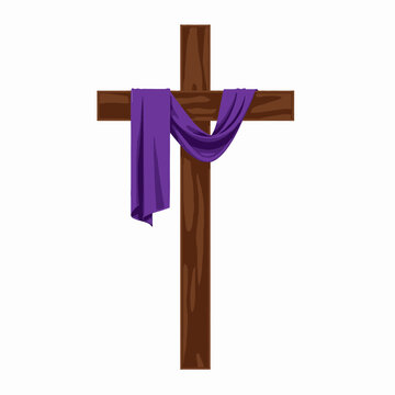 A Simple Wooden Cross Draped with Purple Cloth Symbolizing Sacrifice and Resurrection in Christian Iconography