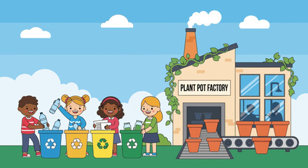 Naklejka premium Children Recycling Plastic at Plant Pot Factory for Environmental Sustainability.
