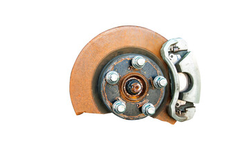damaged and rusty brake disc isolate on white background.