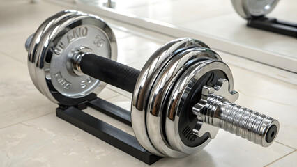 a detailed image of an adjustable dumbbell featuring sleek metal plates